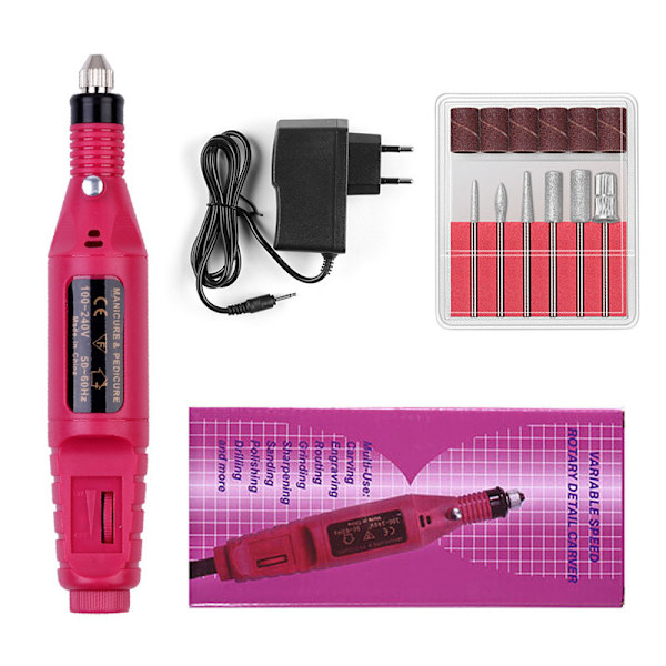 Bärbar elektrisk nagelpolerare, exfolierande poleringsmaskin för naglar, polerings penna, testpoleringsmaskin (Carton) -Rose Red European plug