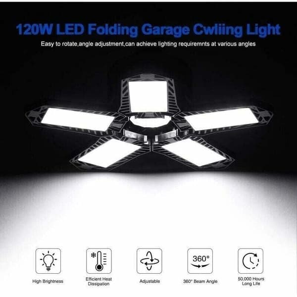Lagertømmersalg af LED garagebelysning - 120 W - 12000 lm - Værkstedslampe - Deformerbare loftslamper - E26/E27 paneler - 1 lampe