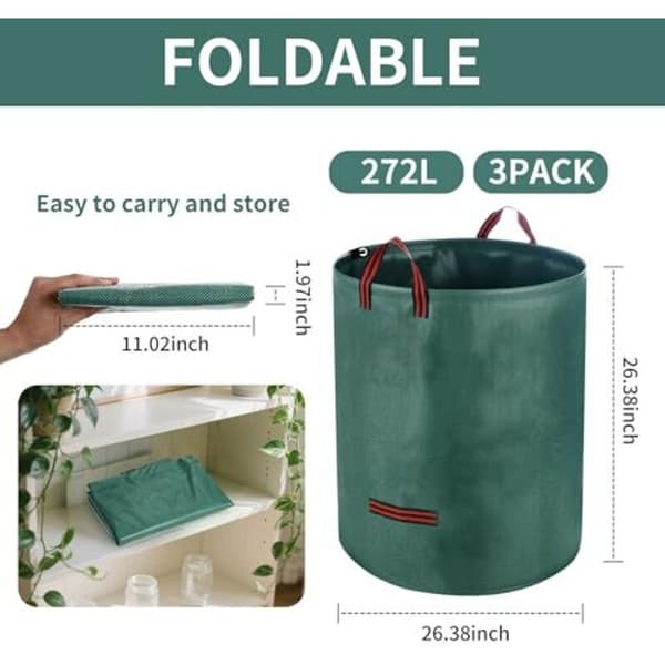 272L Trädgårdsavfallspåsar 3-pack Vikbara Portabla för Löv Gräsavfall