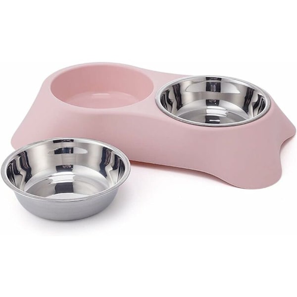 Dubbel Hundskål, Halkfri Dubbelskål i Rostfritt Stål med Spillskydd för Små Hundar och Katter (S, Rosa)