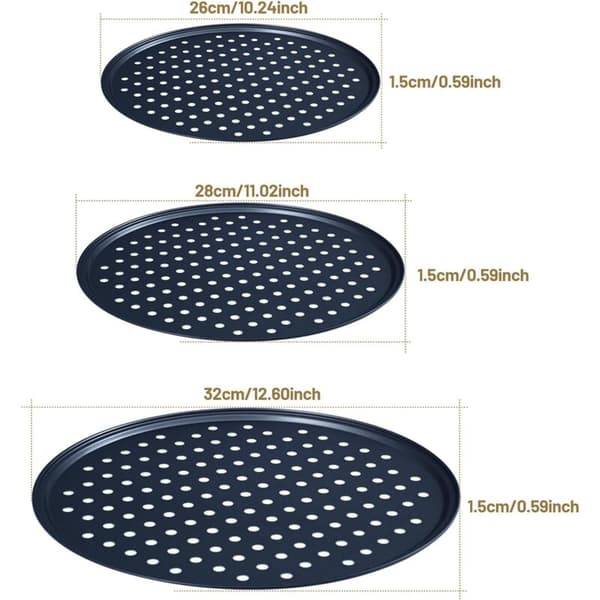 Sæt med 3 runde perforerede pizzabakker, non-stick kulstofstål pizzabunde 26cm/28cm/32cm