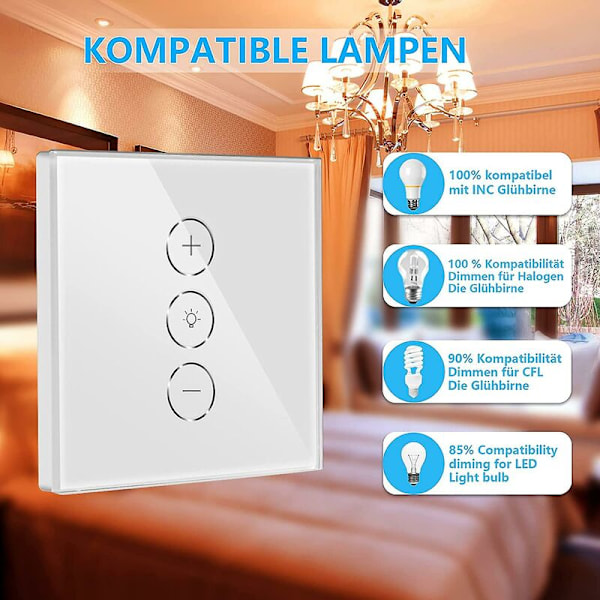 Dimmerbrytare, WiFi Ljusdimmerbrytare med Procentfunktion och Timerfunktion, WLAN Röst App Kontroll Infälld Belysningsdimmer