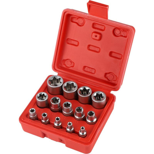 1/4\" 3/8\" 1/2\" Hylsnyckelsats med Torx-hylsor, Torx E-profilhylsa E4, E5, E6, E7, E8, E10, E11, E12, E14, E16, E18, E20, E22, E24