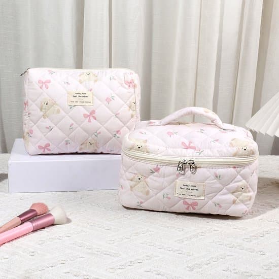 Skycases 3-pak makeuptaske sæt, quiltede kosmetiktasker i bomuld med lynlås, blomstrede rejsetoilettasker til kvinder, pink