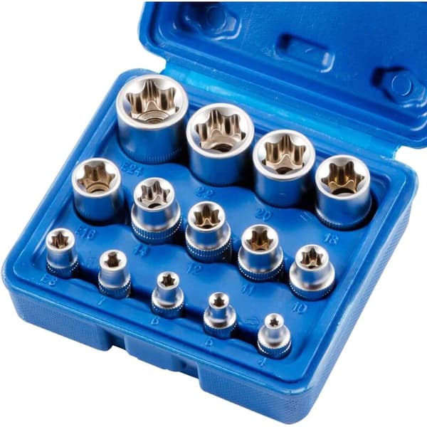 Hylsy- ja kärkisarja, 14-osainen E4-E24 E-Torx kuusiokolohylsysarja