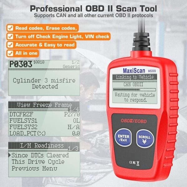 1 x MS309 CAN OBDII Scanner OBD2 Diagnostisk Værktøj – Scan Værktøj til Check Engine Light (Rød)