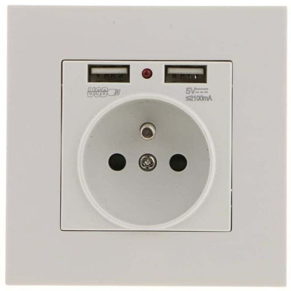 Dubbel USB Väggladdare med Uttag - Kompatibel med iPhone Android - 1 Styck