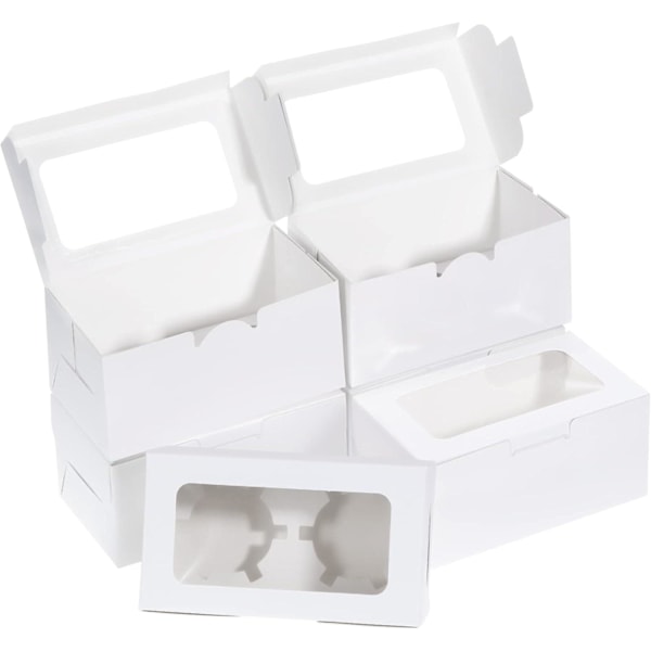 Vita 50-pakks cupcake-bokser med vindu og innlegg, 2-hulls kakebokser, bakeribokser, kartongemballasjeboks for muffins, bakverk, cupcakes, kaker