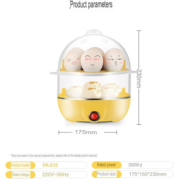 Multifunksjonell elektrisk eggkoker i rustfritt stål (dobbelt lag) Kan koke 14 egg om gangen, flertrinns timer selvkontroll koking av kylling, med automatisk Yellow