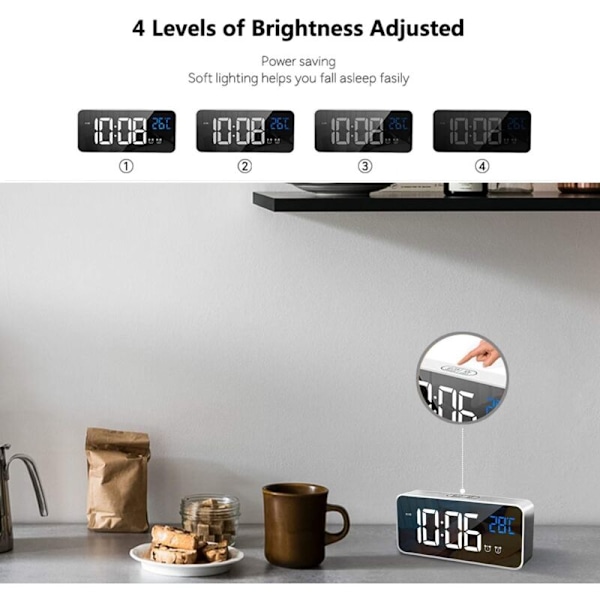 Digital väckarklocka med stor LED-temperaturdisplay, portabel spegelväckarklocka med dubbla alarm (Silver)