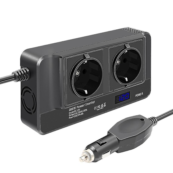 200w auton invertteri, jännitteenmuunnin 12v - 220v älykkäällä ajannäytöllä LCD, 2 pistorasiaa ja 4 USB c