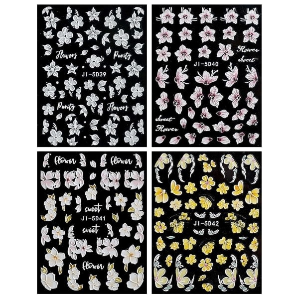 3D Självhäftande Nagelstickers med Vårblommor Stereoskopisk Färgglad Dekoration 4 Ark