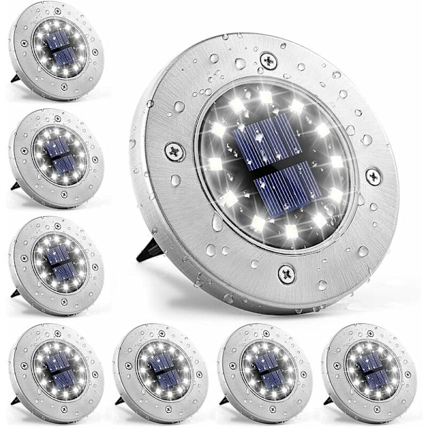 12 LED'er 8 stk. Hvide Solcellelamper til Jorden Vandtæt Rustfrit Stål til Udendørs Have Terrasse Græsplæne Gårdhave Gangsti [Energiklasse A+++] (Hvidt Lys)