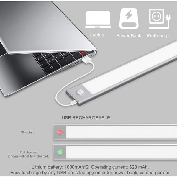 113 LED Magnetisk USB Oppladbar Bevegelsessensor Skaplys 60cm 3 Lysmoduser Bærbar Sølv 6000K