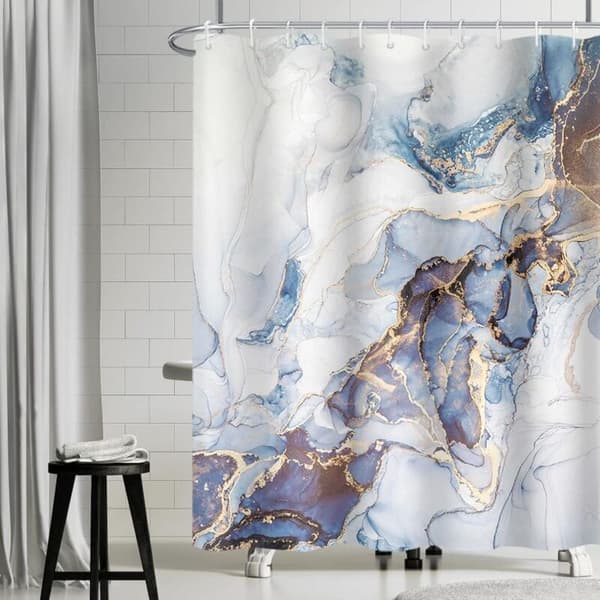 Blå Marmor Duschdraperi, Abstrakt Grått och Guld Duschdraperi Tvättbart Badrumsdraperi 150Bx180Hcm