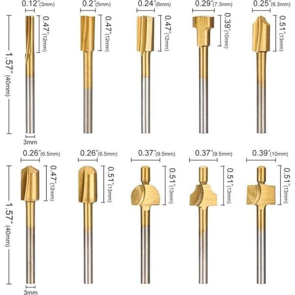 Fræsersæt - 10-delt fræsersæt - Mini fræsersæt - 1/8\" (3 mm) - Træbearbejdning