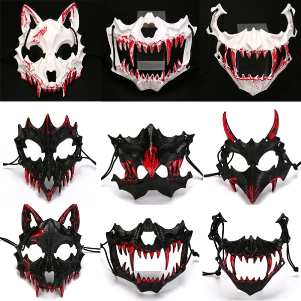 2 stk Halloween todimensjonal halvmaske blødende maske tiger Yasha Tengu ulv nue maske danseforestillingsmaske Tengu white bleeding