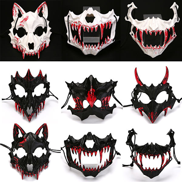 2st Halloween tvådimensionell halv ansiktsblödande mask tiger Yasha Tengu varg nue mask dansföreställningsmask Yaksha white bleeding
