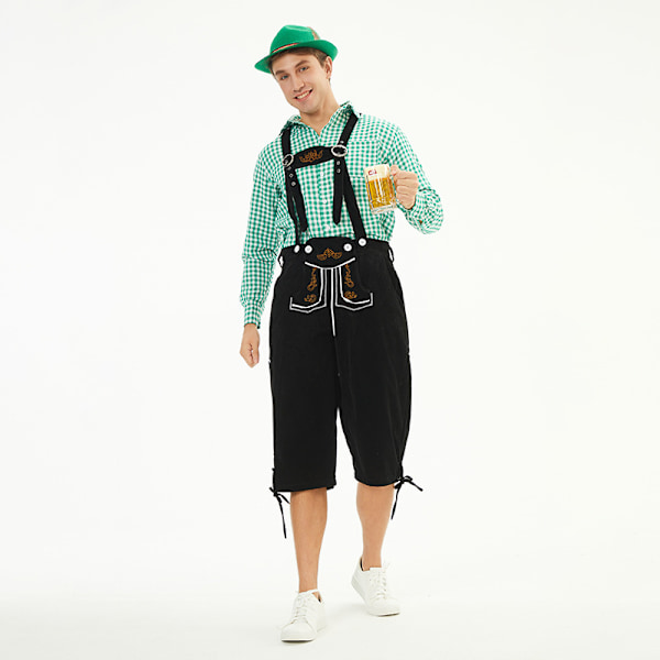 München Oktoberfest Kläder Herrarnas Rutig Skjorta Overaller Dräkt Scenframträdande Kläder Black pants+green top+green hat M