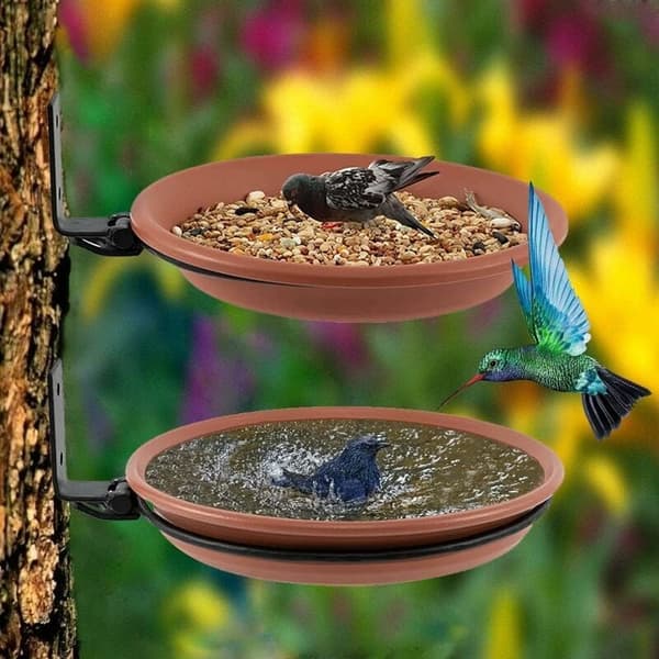 2 STK Fuglefoder og Bad, Udendørs Fuglevandfoder med Foderdispenser, Kompatibel med Vilde Fugle (Brun)