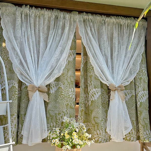 Dobbel gardiner med gasbind fransk blonde halvgardin dørgardin Through rod W 140*H 45cm per pc
