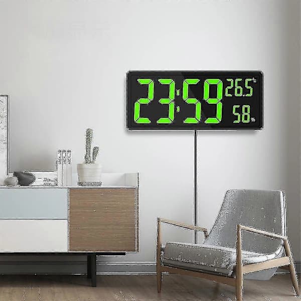 Stor digital väggklocka med LED-display, temperatur, luftfuktighet, datum, alarm, för sovrum, kontor, klassrum, grön green