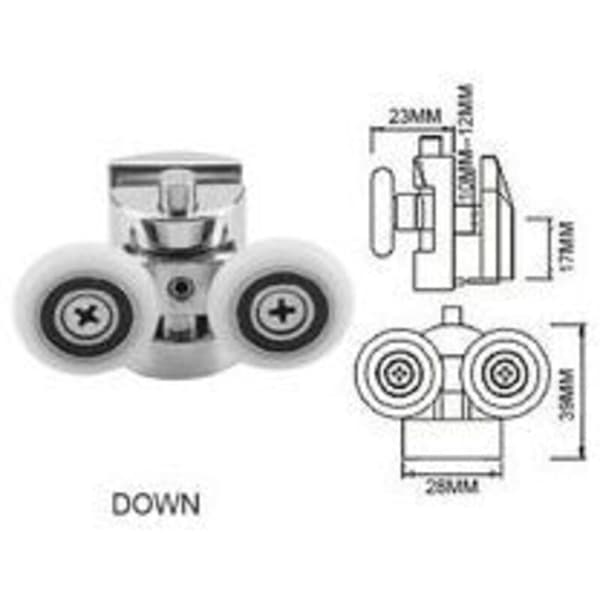Sett med 4 doble ruller - for skyvedusjdør, 2 hjul 23 mm diameter sinklegering baderom..