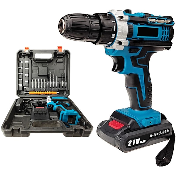 21V Sladdlös Borrskruvdragare, 42Nm Slagskruvdragare, 25+3 Momentinställningar, 30 Tillbehör, 2 Hastigheter, LED, för DIY
