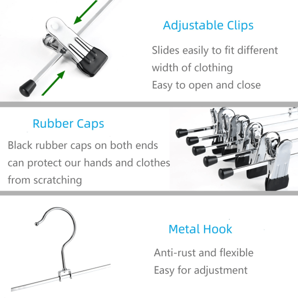 10 st 40 cm kromjärn galgar, silver metall byxgalgar galgar för byxor shorts kjol strumpor underkläder, med halkfria klämmor