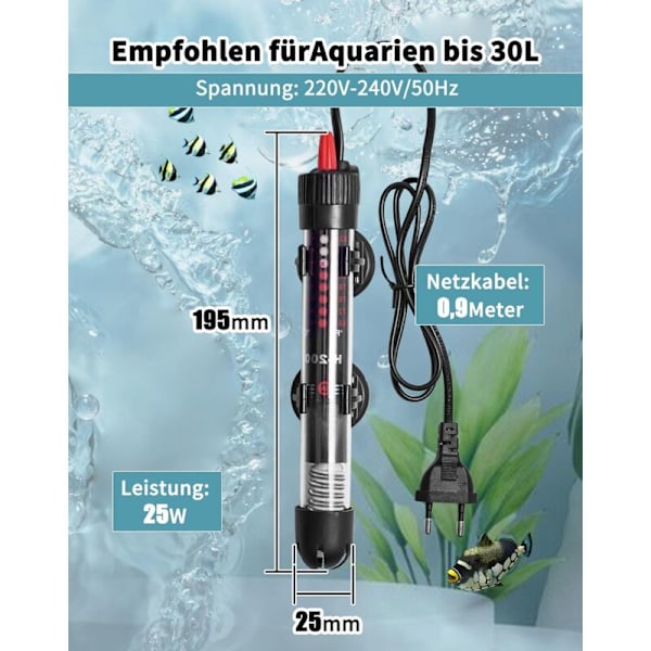 Justerbar Akvarievärmare 30L 25W Akvarievärmare med Termostat 20-34°C för Akvarier och Fiskbehållare