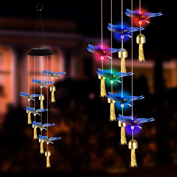 Solcelledrevet Kolibri Vindspil Lys LED Jul Sommerfugl Lys Have Sol Vindspil Lys Landskab Lys Have Lys Red 6 lamp holder Butterfly Bell Color Notes