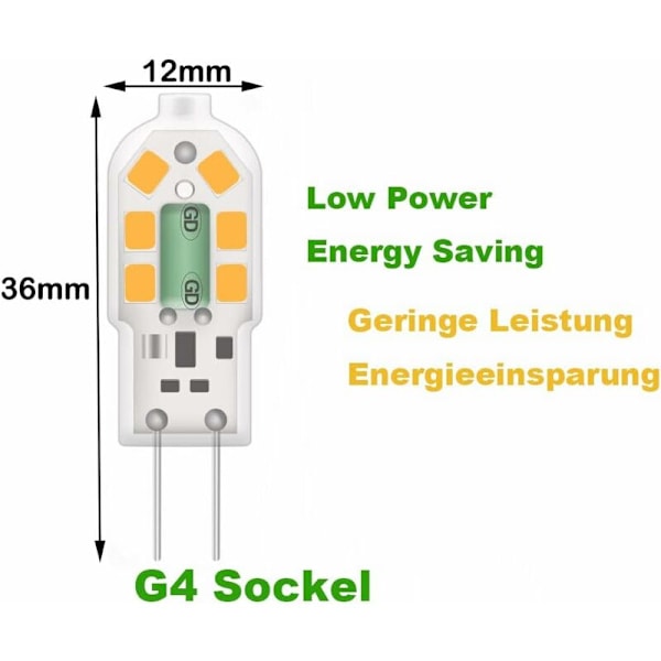 G4 2W LED-lampa, motsvarande 20W halogenlampor, varmvit 3000K, 200Lm, 12x SMD, 12V AC/DC - 10-pack [Energiklass A+]
