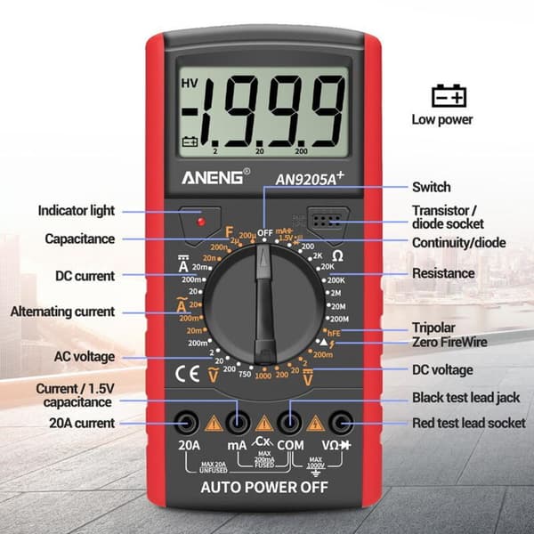 DT-9205A Digitalt Multimeter, Spændings-, Strøm- og Modstandstester