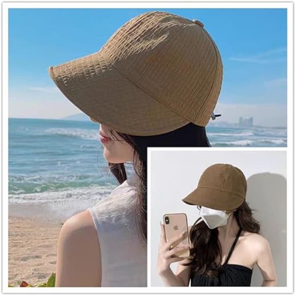 Damhinkhatt UPF 50+ Lätt Kylande Polyester Vikbar Solhatt med Justerbar Dragsko Bred Brätte för Strandvandring Sommar, Brun