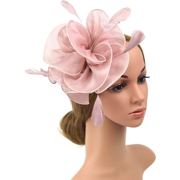 Fascinatorhatt för kvinnor Cocktail Tea Party huvudbonad Blomma Mesh Band Fjädrar Hårband Pink B