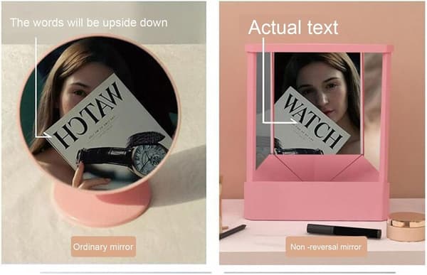 True Mirror Ikke-reverserende makeup-spejl, True Image Bordplade Vanity Spejl til præcis makeup og pleje, Ikke-forstørrende, Pink