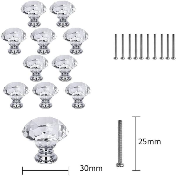 Pakke med 10 vitrineskabsgreb, diamant, 3 cm, hvid