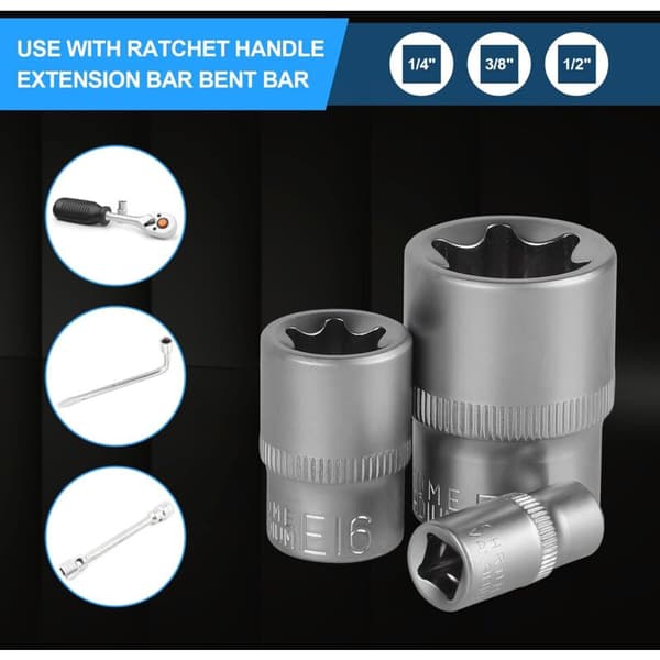 1/4\" 3/8\" 1/2\" Naaras Torx -hylsysarja, Torx E-profiilihylsy E4, E5, E6, E7, E8, E10, E11, E12, E14, E16, E18, E20, E22, E24