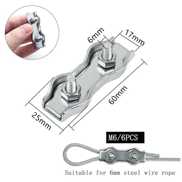 6 stk. Duplex Clips M6 Wire Rope Clips Rustfrit Stål 304 Duplex Klemmer til 6mm Wire Rope Rigging