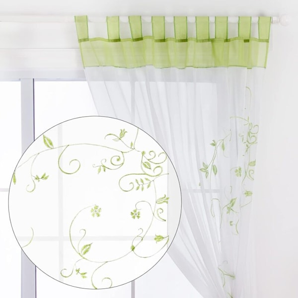 Blomstrede gennemsigtige gardiner Voile broderi Tab Top vinduespaneler til soveværelse stue dekoration 2 paneler, grøn, B140cm x H225cm