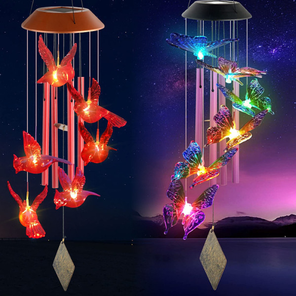 Solcelledrevet kolibri vindklokkespill lys LED jule sommerfugl lys hage sol vindklokkespill lys landskapslys hage lys Black 6 lamp holder Transparent Hummingbird