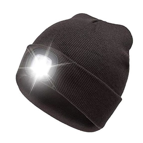 Beanie with Light Headlamp Rechargeable Cap Winter Knitted Illuminated Beanie for Men Women (Brown)