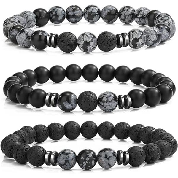 Perlearmbånd til mænd og kvinder - Mat naturlige lavastens vulkanske sten stræk armbånd - 3 stk vulkanske sten energi armbånd (alabast)