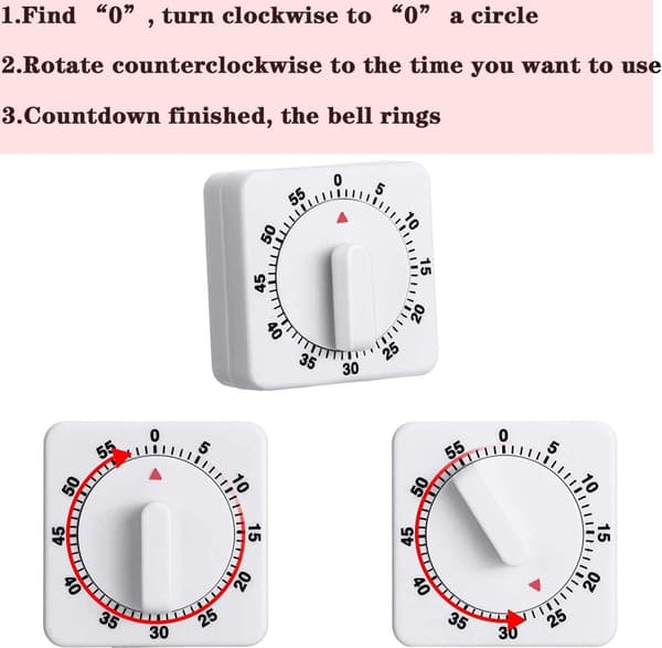 2-pakning hvit mekanisk kjøkkentimer 60 minutter med høy alarm, ingen batteri visuell nedtellingstimer for matlaging, baking, studier, kontor