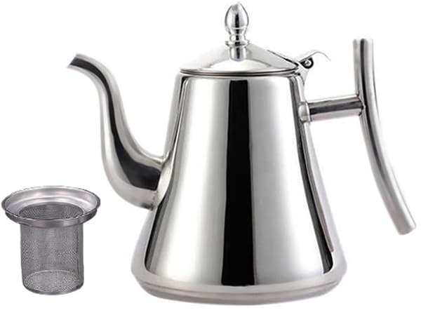 Tekanne i rustfritt stål med sil, 1,5 L stor kapasitet, for løsblad og blomstrende te, induksjonstopp, hjemmebruk, sølv