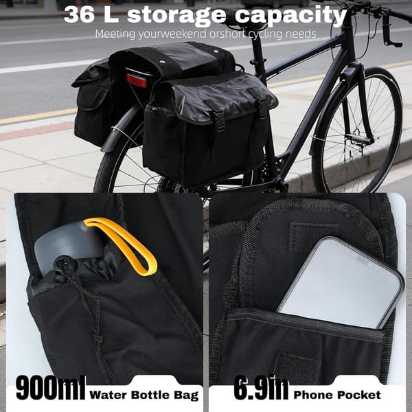 Cykel-sidetasker 36L, holdbar lærred bagagebæreropbevaring til MTB pendling shopping touring, værktøjsfri montering, sort