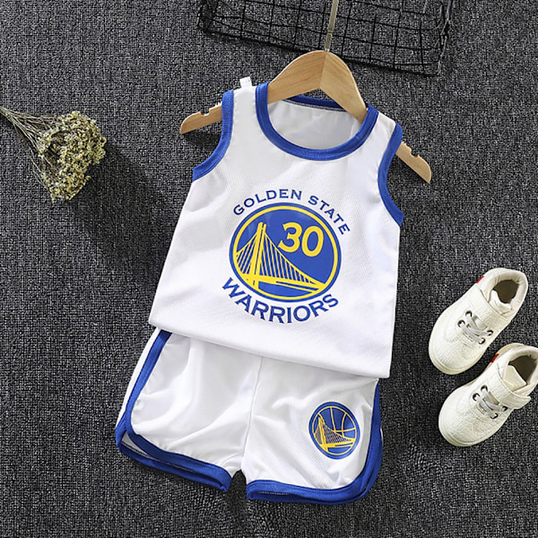 Basketboll träningsdräkt kit tank top tröja + shorts set - Perfekt vit Golden State Warriors 30 36-48 månader