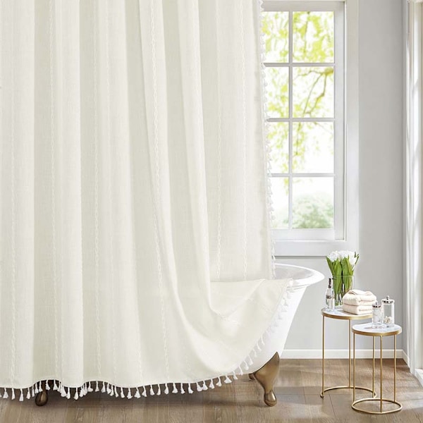 Bruseforhæng Jacquard Linned Vandtæt og skimmelresistent Bruseforhæng Badeværelsesforhæng x Linned Hvid 180*200 (12 kroge inkluderet) Linen White 180*200