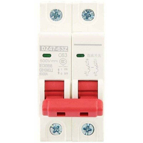 Solcelleafbryder 2P DC 500V 63A MCB DZ47-63Z-2P til solenergisystem
