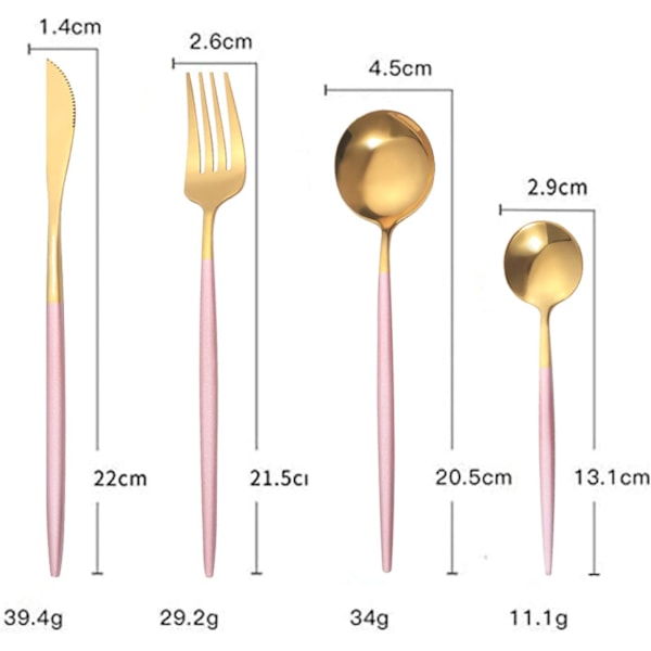 16-osainen ruokailuvälineistö kulta- ja ruusukultaisesta ruostumattomasta teräksestä 4 henkilölle Rose gold